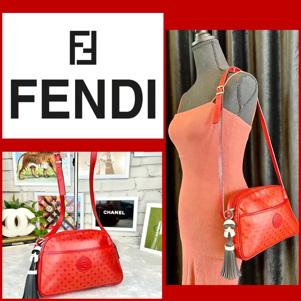 FENDI Red leather and canvas vintage crossbody or shoulder bag with charm